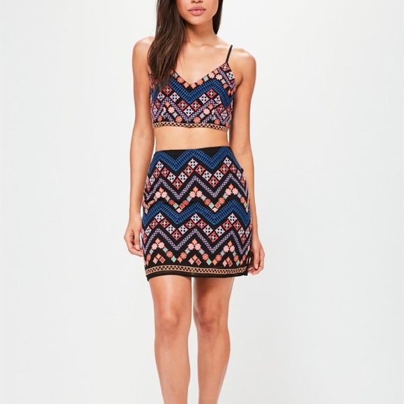 Missguided Dresses & Skirts - Missguided Premium Embroidered Crop Top Skirt Set